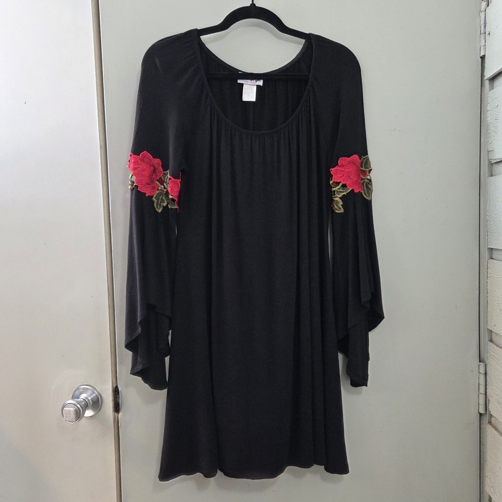 Vtg Y2K Urban Rose L Black Dress Stretch Knit Bell Sleeve Rose Whimsigoth Witchy
